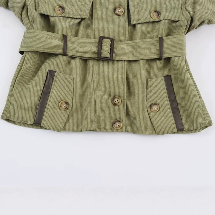 Women's Cord Field Jacket with Waist Belt and Stand-Up Collar Mune Fashion