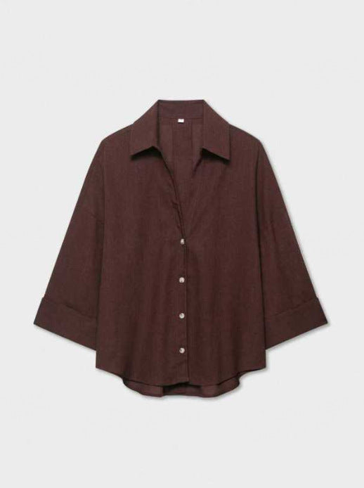 Women's Lightweight Oversized Linen Look Blouse with Three-Quarter Sleeves and Full Button Placket Mune Fashion