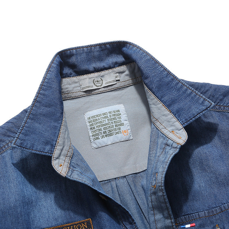 Men's denim shirt in worker-trucker style with chest flap pockets Mune Fashion