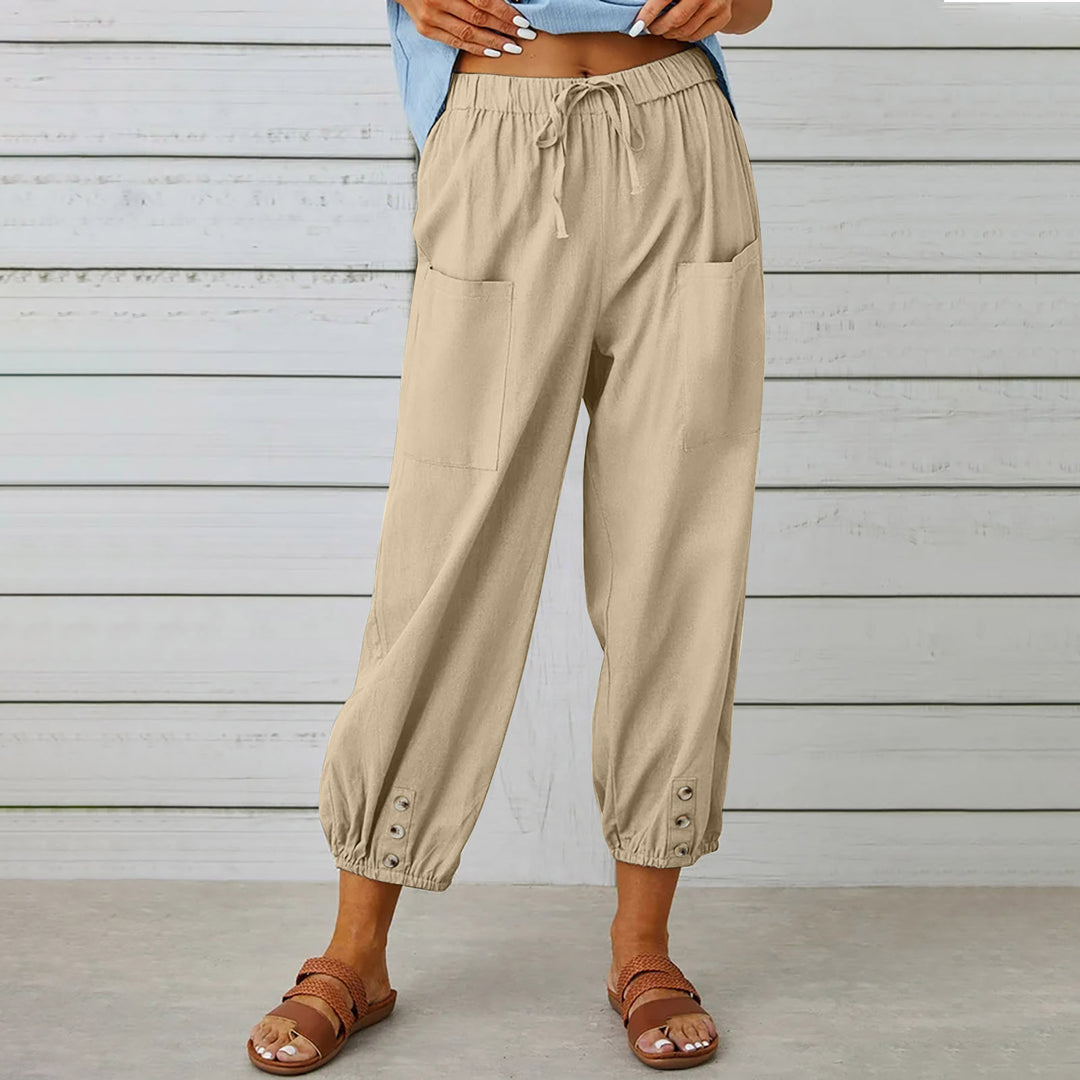 Women’s lightweight cotton-linen pants with drawstring, patch pockets and buttoned cuffs Mune Fashion
