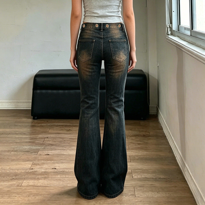 Women High-Waist Flared Jeans with Double Studded Waistband and Used Effect Mune Fashion