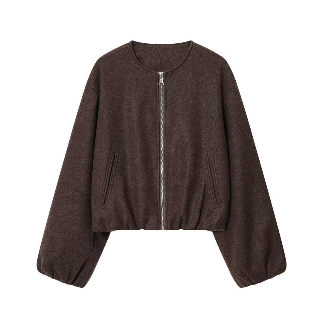 Women Short Bomber Jacket with Round Neck, Zipper and Elastic Hem Mune Fashion