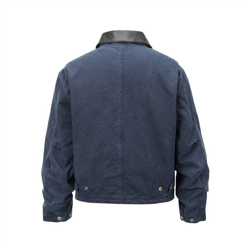 Men's canvas field jacket in overshirt look with leather collar and patch pockets Mune Fashion