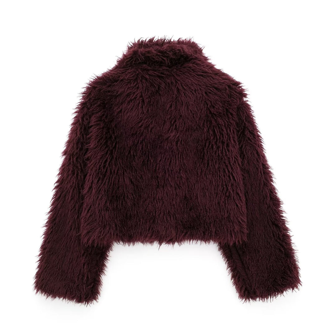 Women's short cozy faux fur cropped jacket with generous shawl collar and open front Mune Fashion