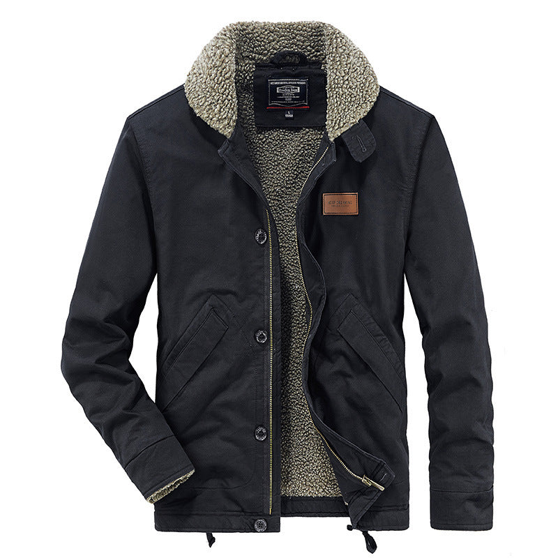 Men's canvas work jacket with sherpa lining, stand-up collar, and diagonal pockets Mune Fashion
