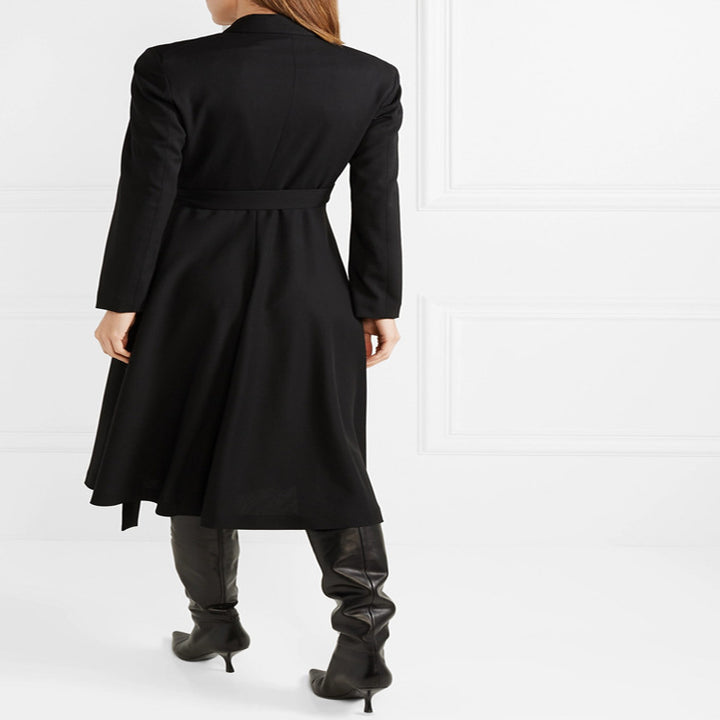 Women Wrap Midi Dress Coat in Tailoring with Shawl Collar and Tied Belt Mune Fashion