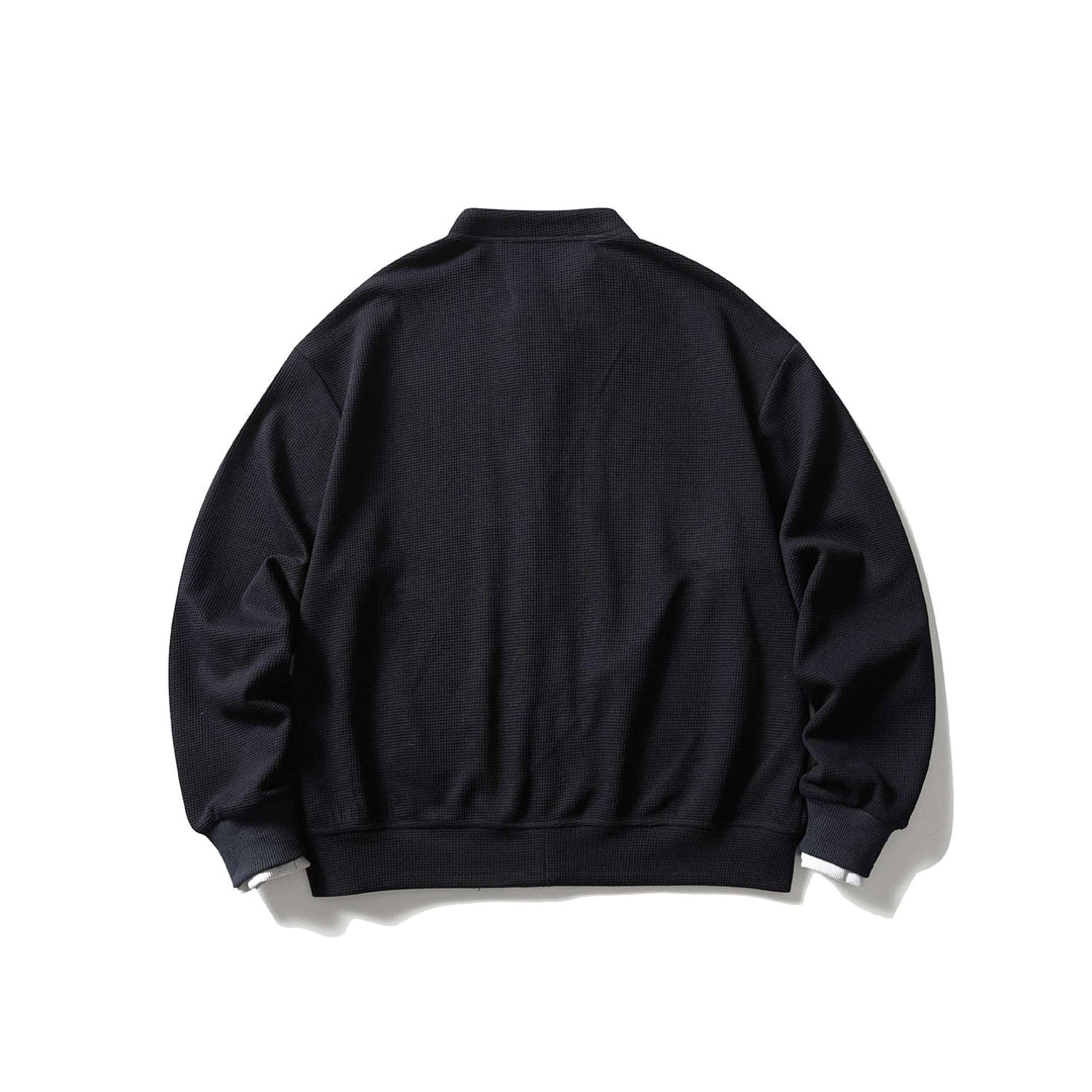 Unisex Short Cut Boxy Blouson Jacket with Waffle Structure, Stand-Up Collar and Contrast Piping Mune Fashion