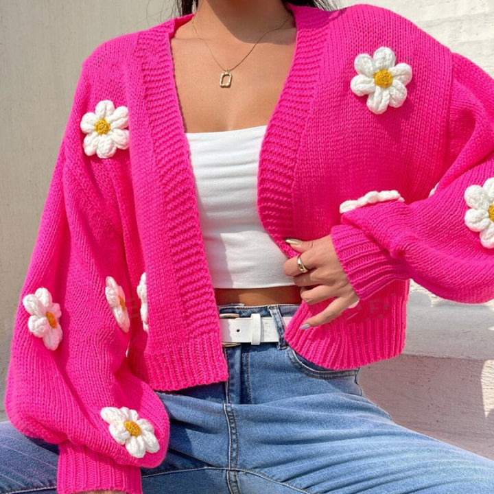Women’s Cropped Cardigan made of cotton blend with 3D flower applications Mune Fashion