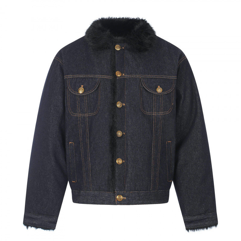 Men's short-cut denim jacket with faux fur collar and teddy lining look Mune Fashion