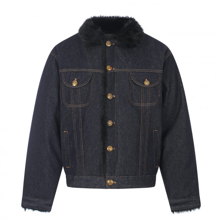 Men's short-cut denim jacket with faux fur collar and teddy lining look Mune Fashion