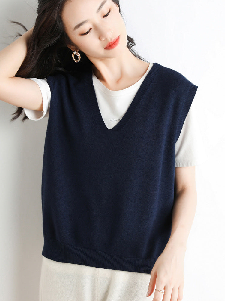 Women's Oversized V-neck Fine Knit Vest with Ribbed Hem Mune Fashion