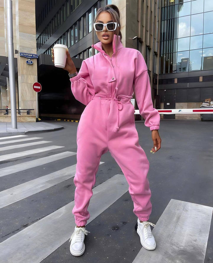Women's fitted velour jumpsuit with drawstring stand-up collar and elastic cuffs Mune Fashion