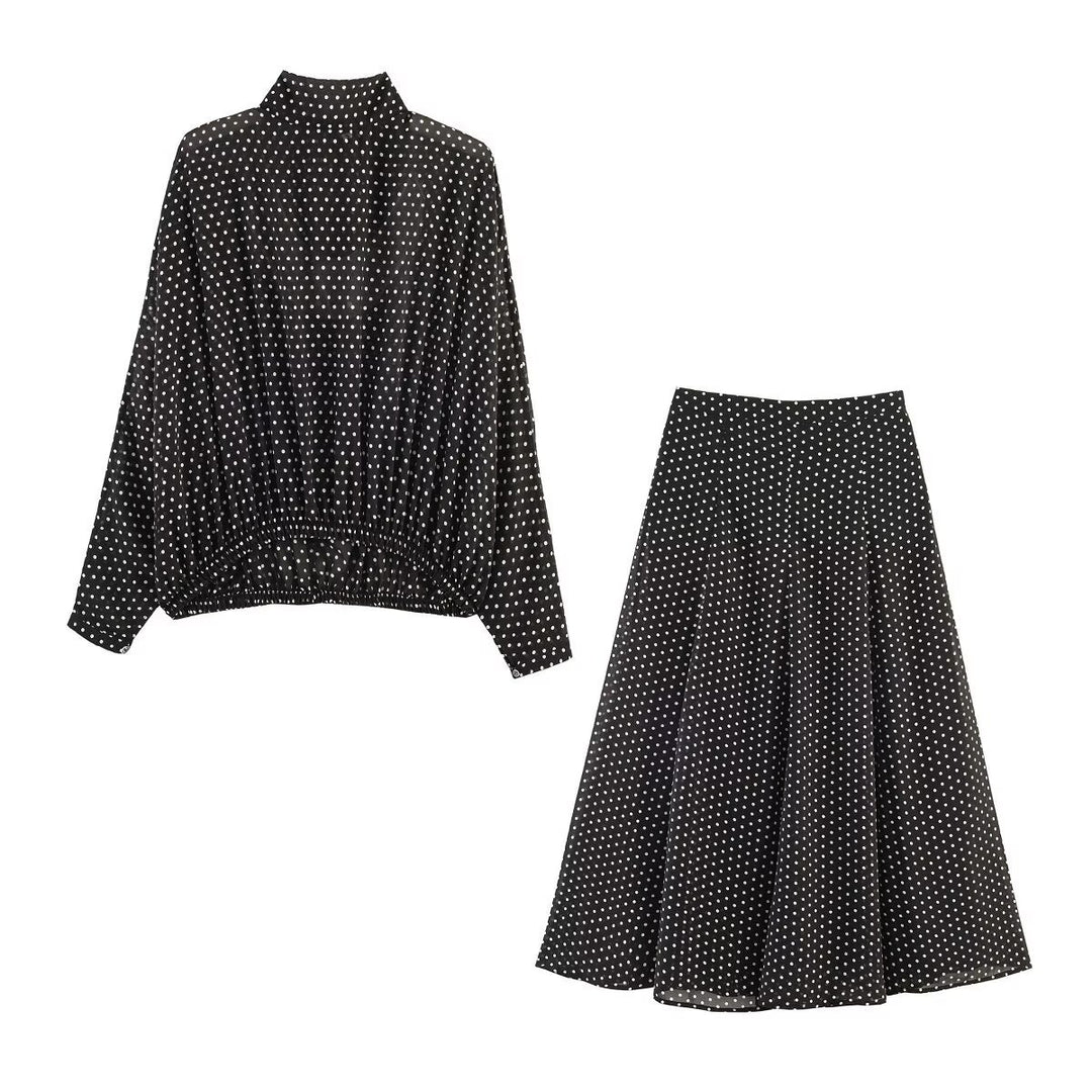 Women's Loose Blouson Top with Stand Collar, Polka Dot Pattern and Elastic Hem Mune Fashion