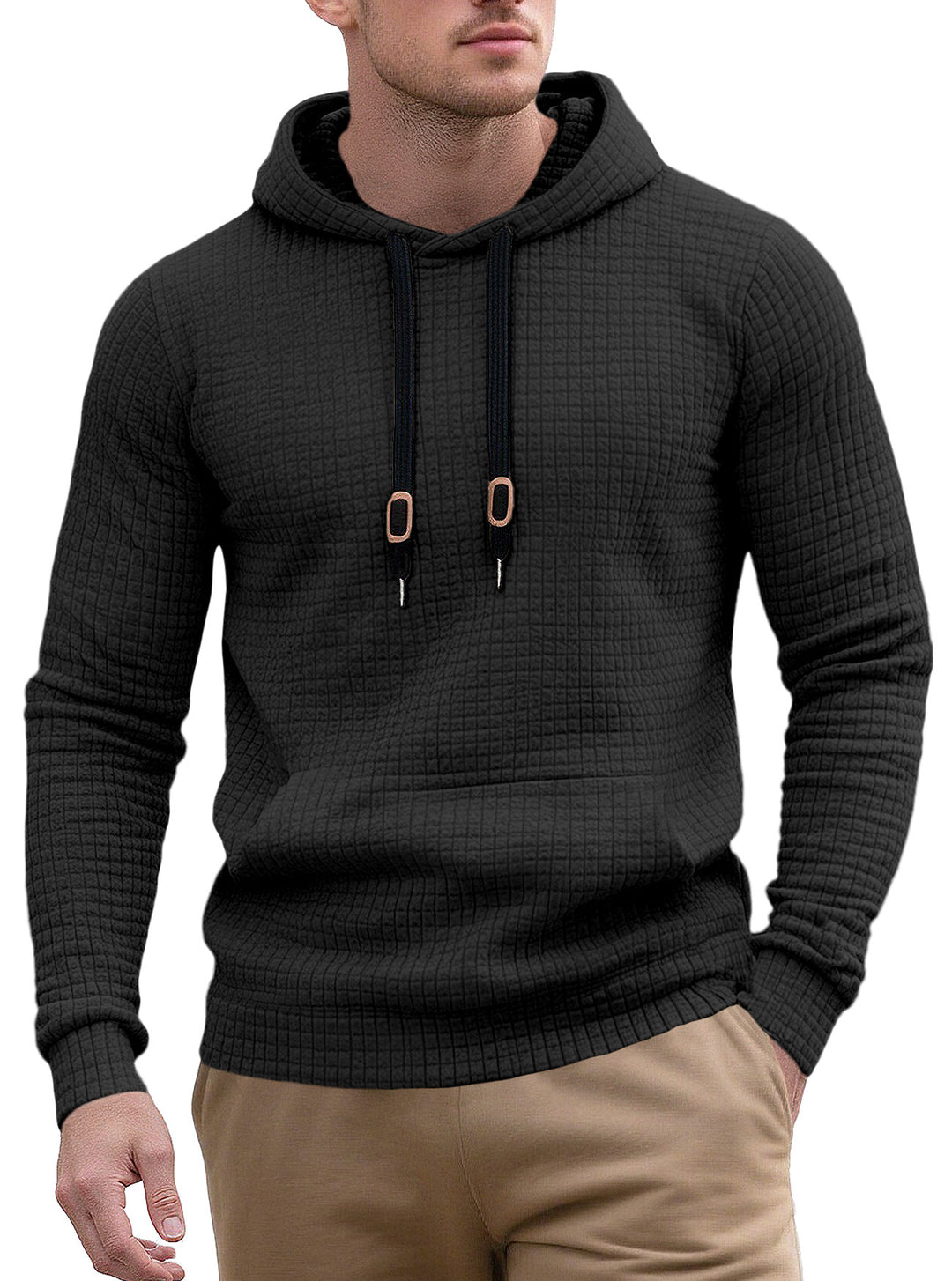 Men's narrow-cut quilted hoodie with fine square texture, drawstring and ribbed hem Mune Fashion