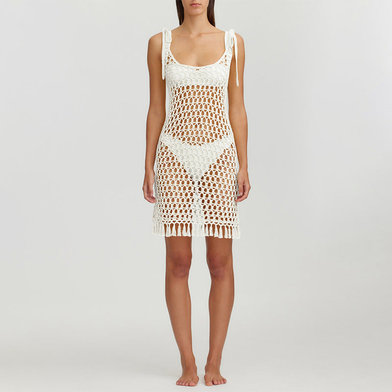 Women's transparent crochet beach cover-up with fringes Mune Fashion