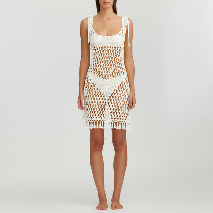 Women's transparent crochet beach cover-up with fringes Mune Fashion