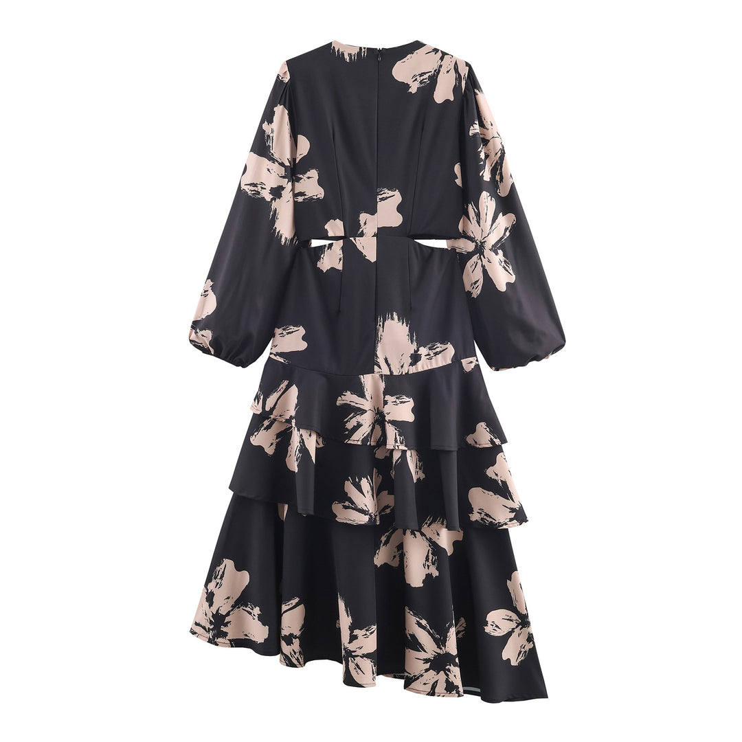 Ladies' midi dress with floral all-over pattern, waist cut-out and layered ruffles Mune Fashion