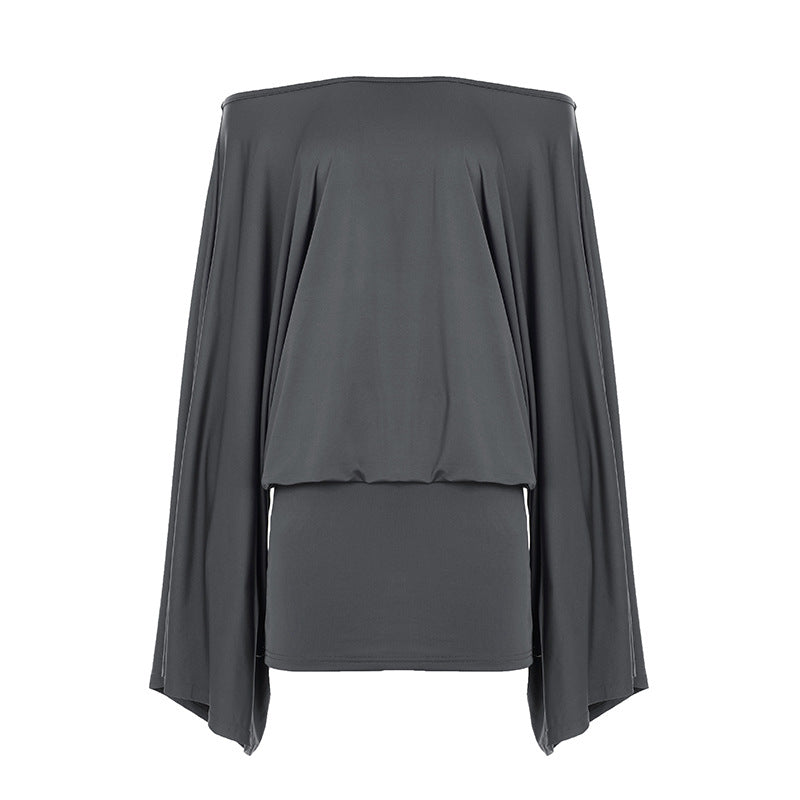 Women's off-shoulder draped blouson top with wide batwing sleeves and tapered cuff Mune Fashion