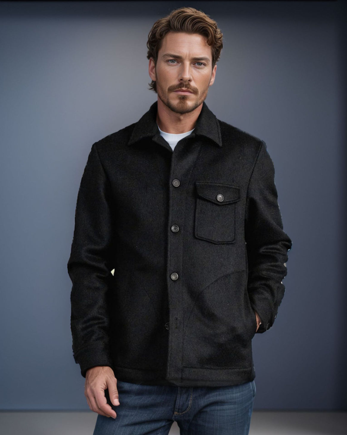 Men's shirt jacket made of wool blend with patch chest pocket and classic shirt collar Mune Fashion