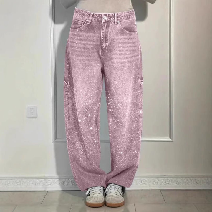 Women's High-Waist Jeans in loose Cargo cut with sparkling rhinestone trim Mune Fashion