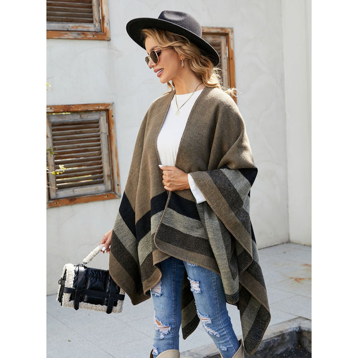 Ladies Open Knit Cape Poncho with Contrasting Color Block Stripes and Decorative Stitch Mune Fashion