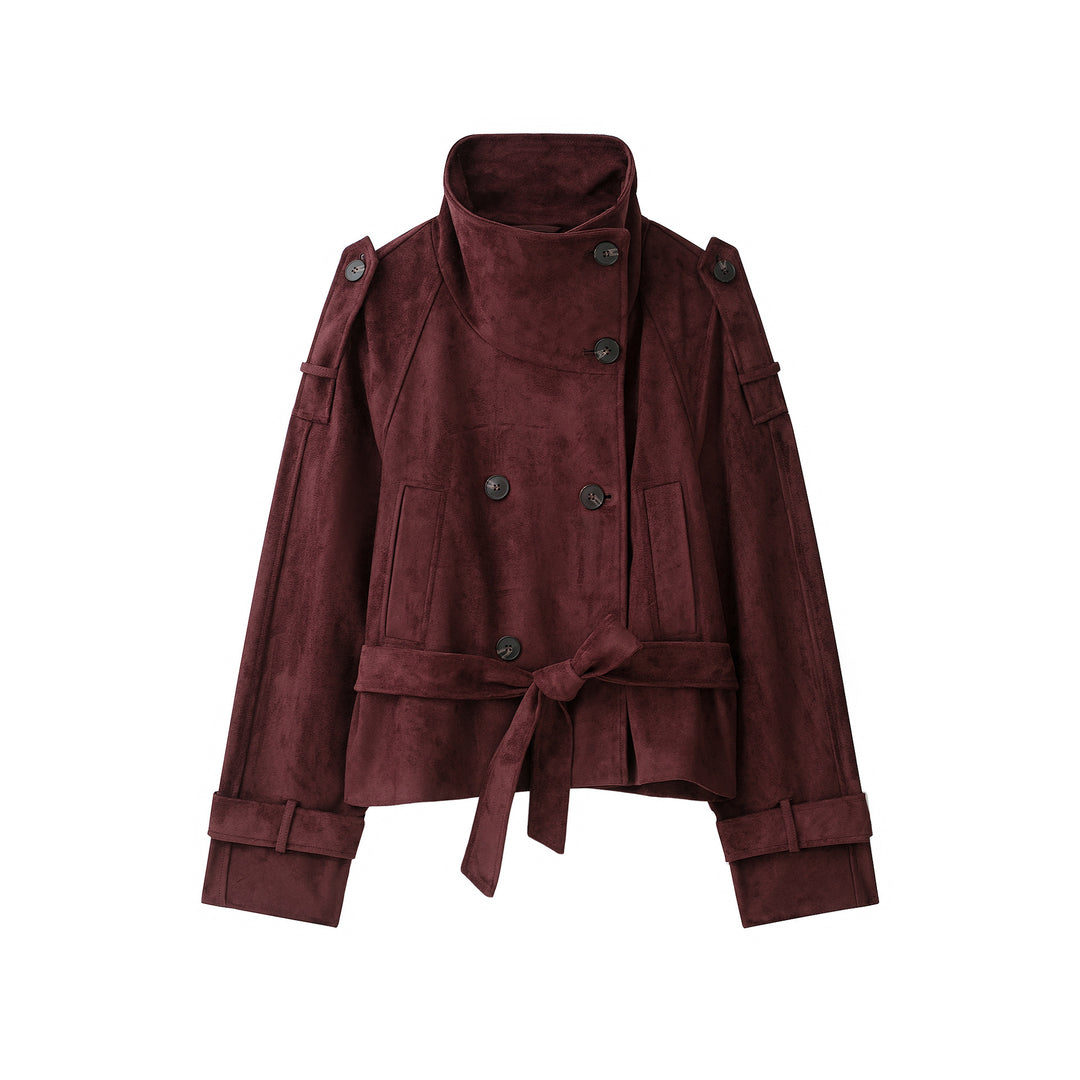 Women's Velvet Trench Coat with High Funnel Collar and Tie Belt Mune Fashion