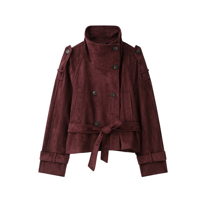 Women's Velvet Trench Coat with High Funnel Collar and Tie Belt Mune Fashion