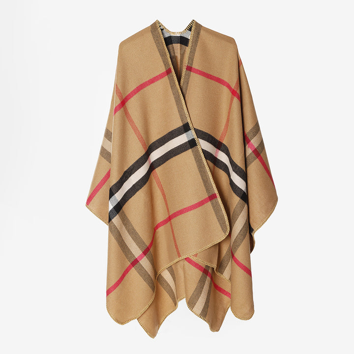 Women's Checked Wool Blend Poncho in Oversized Cape Cut with Decorative Stitch Edge Mune Fashion