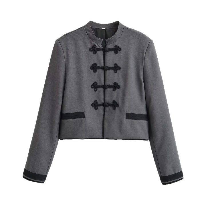Women's short jacket with stand-up collar, decorative frog closures and boxy cut Mune Fashion