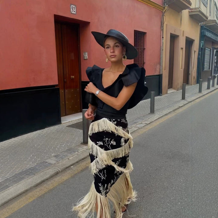Women's Maxi Skirt with Floral Print & Layered Fringe Details Mune Fashion