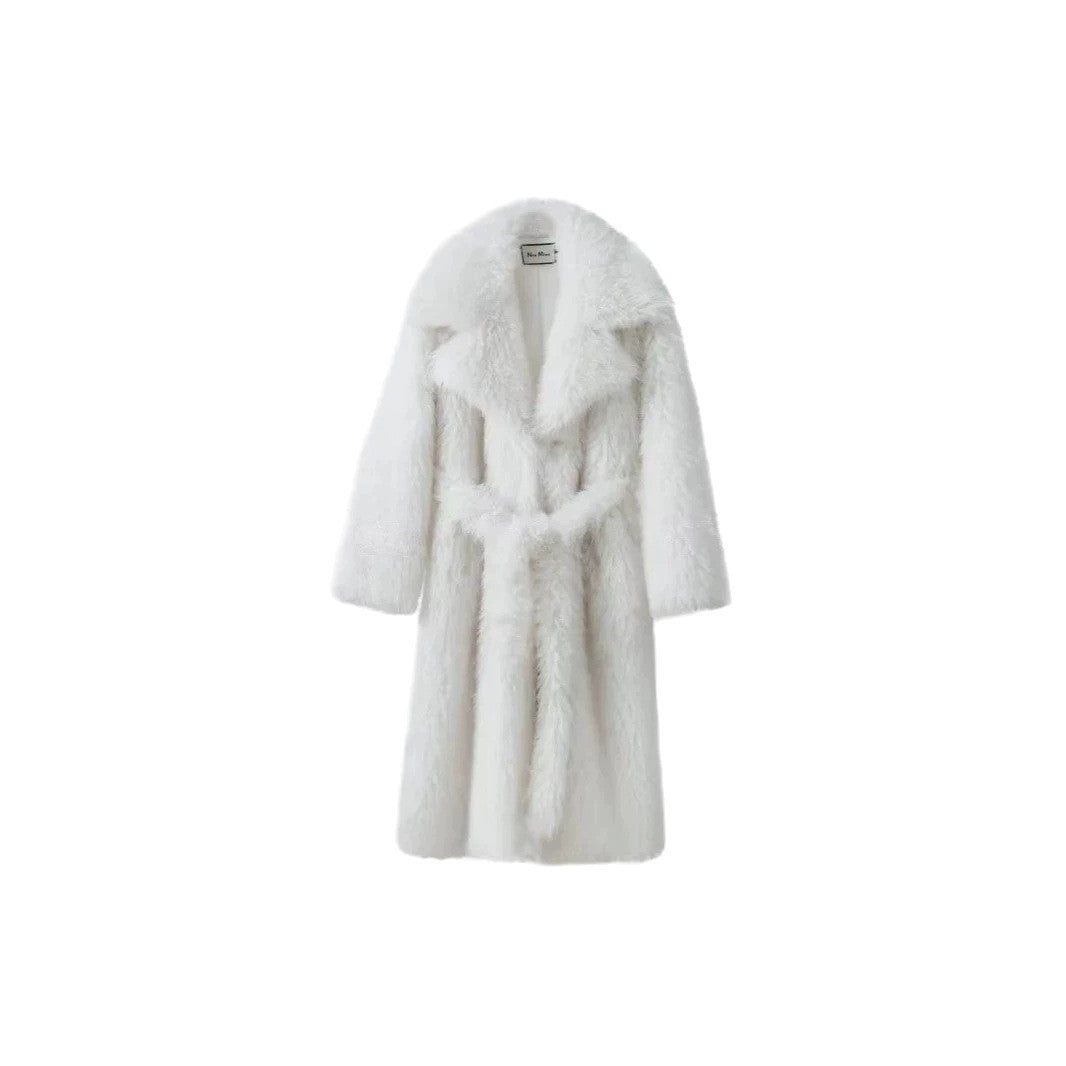 Women’s Maxi Faux Fur Coat with Voluminous Shawl Collar and Wrap Belt Mune Fashion