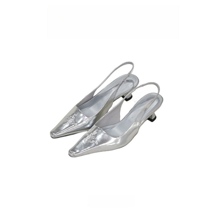 Women Flat Slingback Slippers with Square Toe Cap, Metallic Finish and Embossed Ornament Mune Fashion