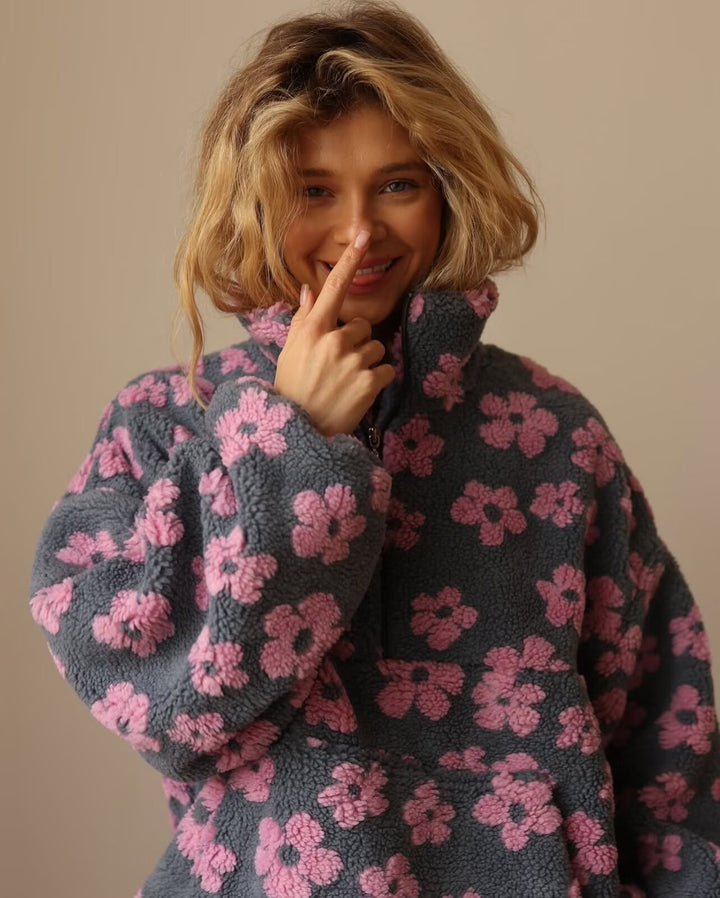 Ladies Teddy Fleece Hooded Jacket with Stand-up Collar, Floral Relief and Half Zip Mune Fashion