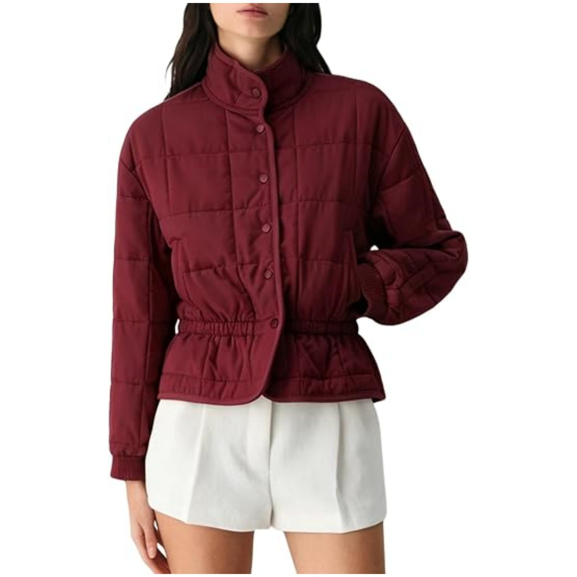 Women's cropped quilted jacket with stand-up collar and drawstring waist Mune Fashion