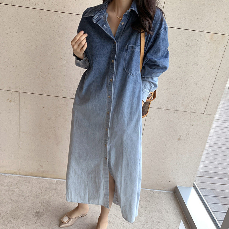 Women's Gradient Jeans Shirt Dress Maxi with Full Button Placket, Chest Pocket, and Side Slits Mune Fashion