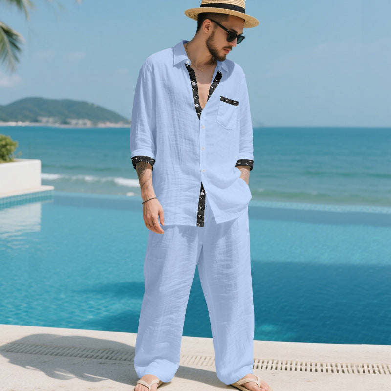 Men's Linen Look Loungewear Set with Drawstring Pants and Open Shirt Jacket Mune Fashion