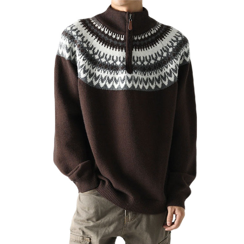 Men's chunky knit pullover with stand-up collar and zipper Mune Fashion
