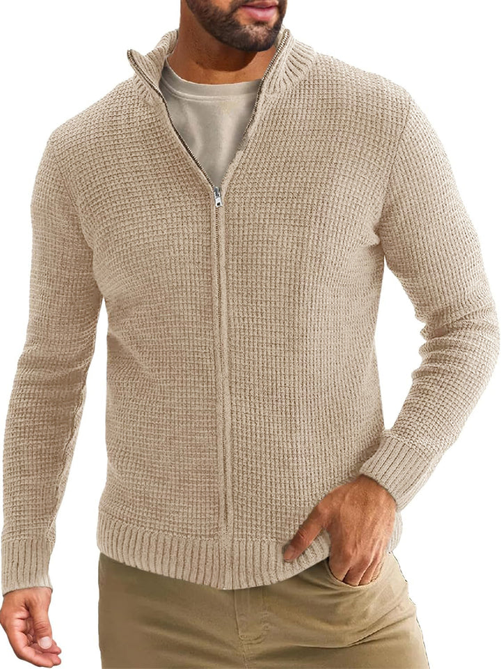 Men's Zip-Up Cardigan with Waffle Texture and Stand-Up Collar Mune Fashion