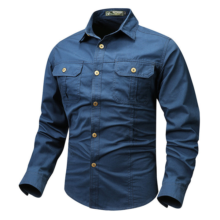 Men's rugged canvas shirt with double breast pockets and continuous button placket