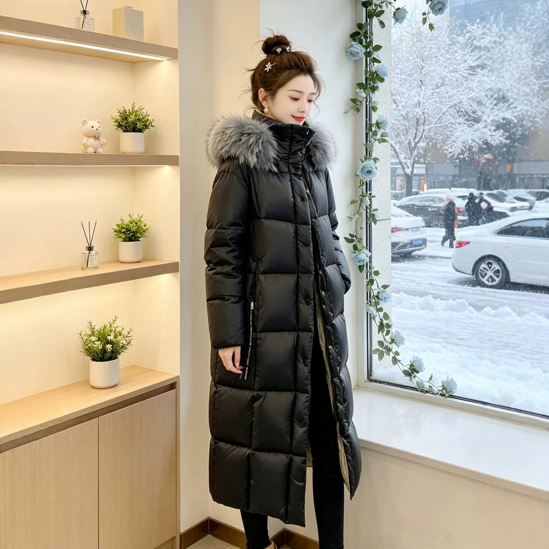 Ladies Long Down Jacket with Faux Fur Collar Mune Fashion