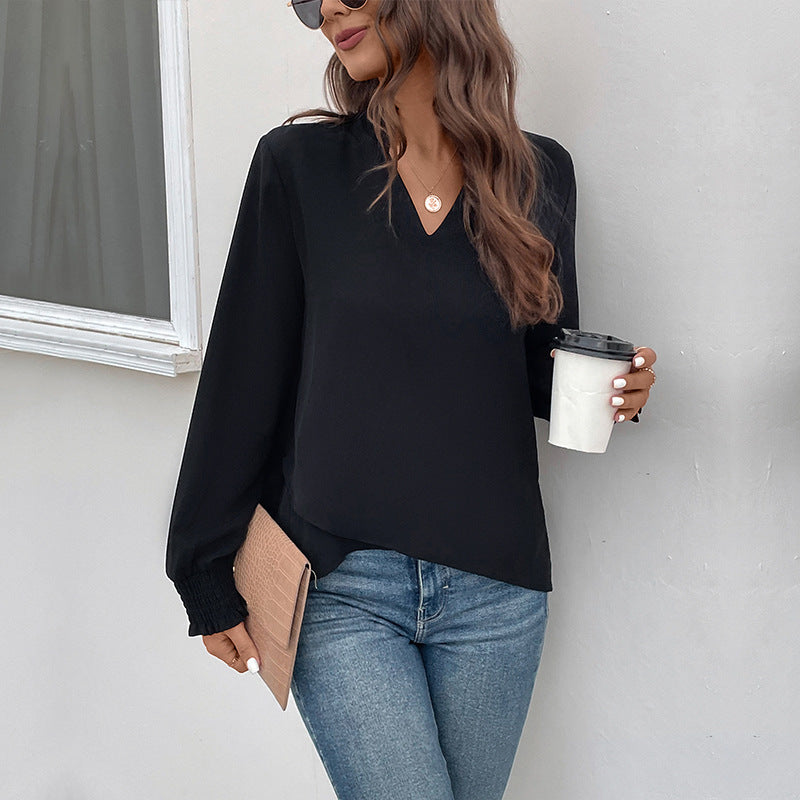 Women's Lightweight Viscose Blouse with Gathered Stand Collar, V-Neck and Smocking Cuffs