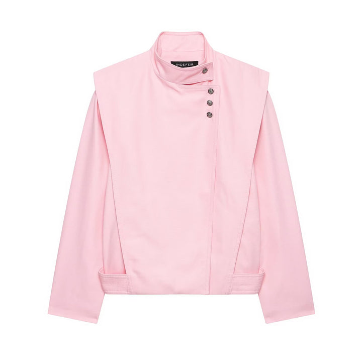 Women's Tailored Cropped Jacket with Asymmetrical Stand Collar and Decorative Snap Buttons Mune Fashion