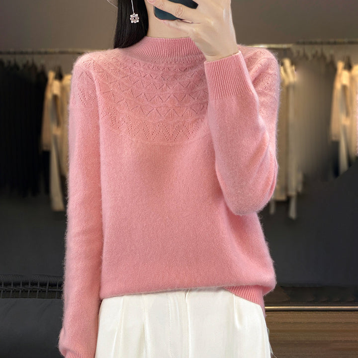 Women's Cozy Mohair Look Pullover with Decorative Structure on the Top and High Collar Mune Fashion