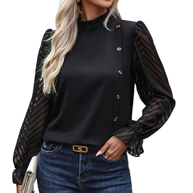 Women's chiffon blouse with stand-up collar, transparent balloon sleeves, and asymmetric button placket Mune Fashion