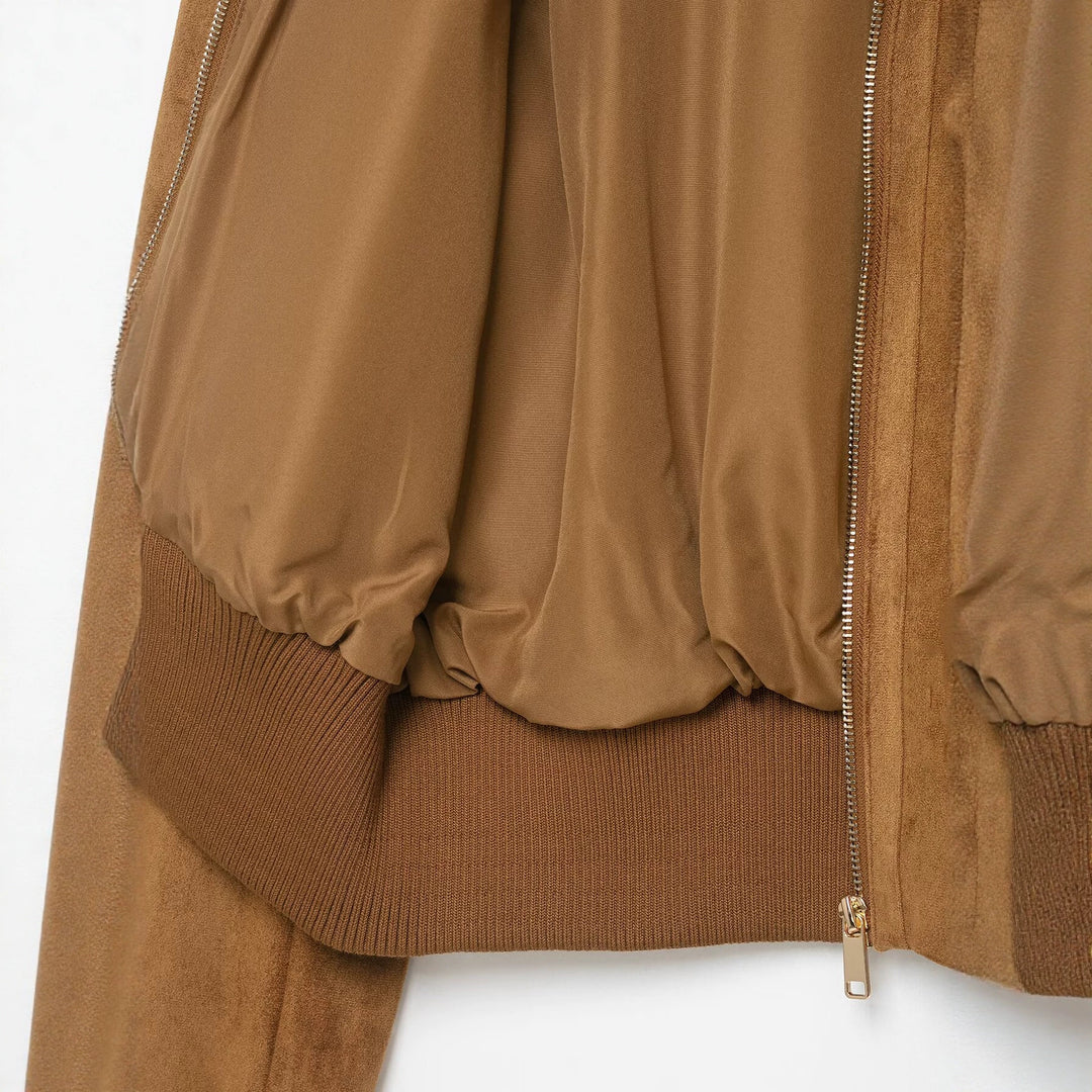 Women's short-cut suede bomber jacket with high ribbed collar and flap pockets Mune Fashion
