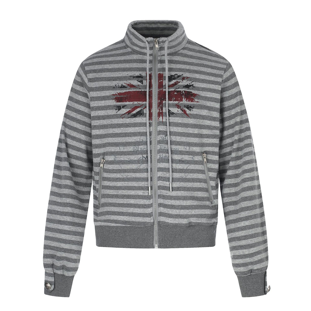 Men's Hoodless Striped Zip Blouson Jacket with Funnel Collar and Vintage Print Mune Fashion
