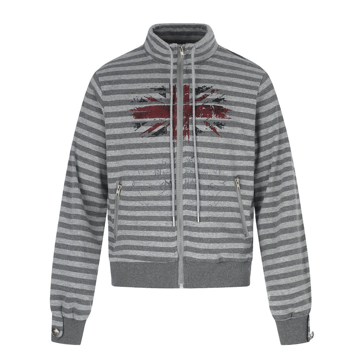 Men's Hoodless Striped Zip Blouson Jacket with Funnel Collar and Vintage Print Mune Fashion