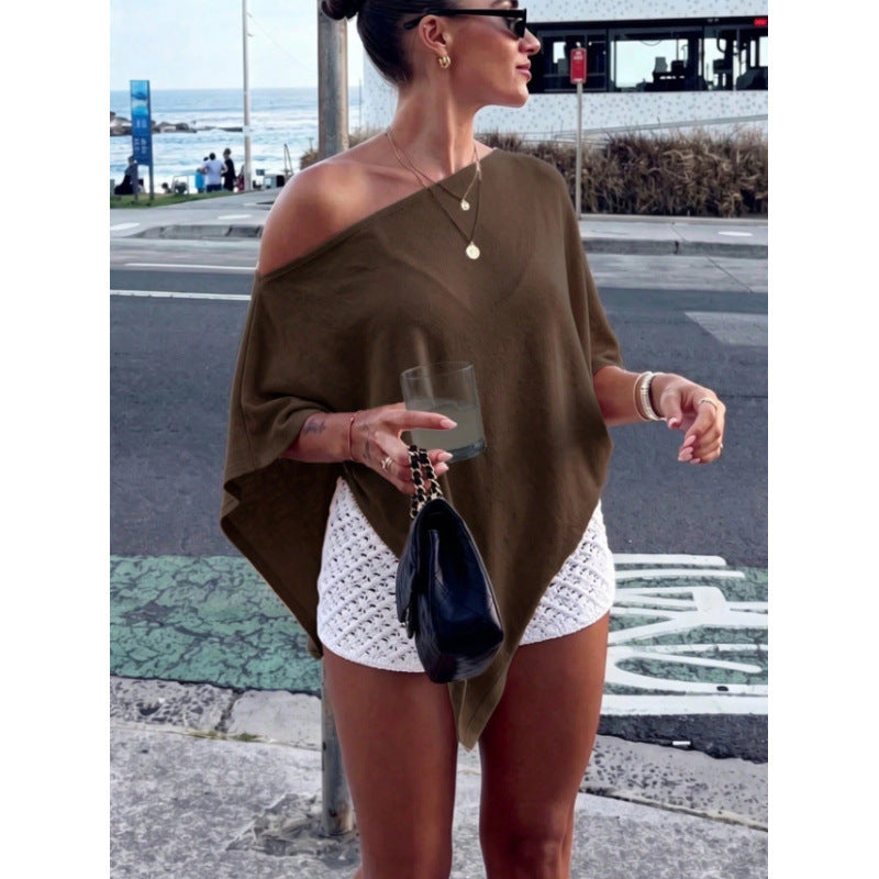 Women's Asymmetric Off-Shoulder Poncho Top made of lightweight knit Drune