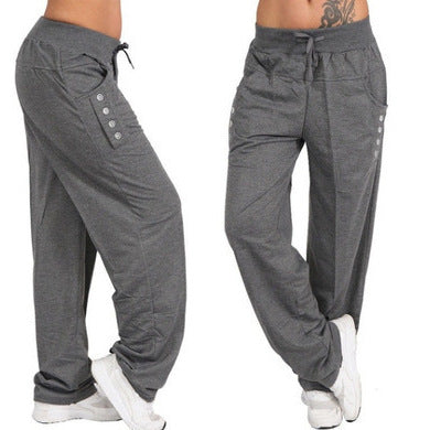 Women's wide leisure harem pants with drawstring and decorative button plackets Mune Fashion