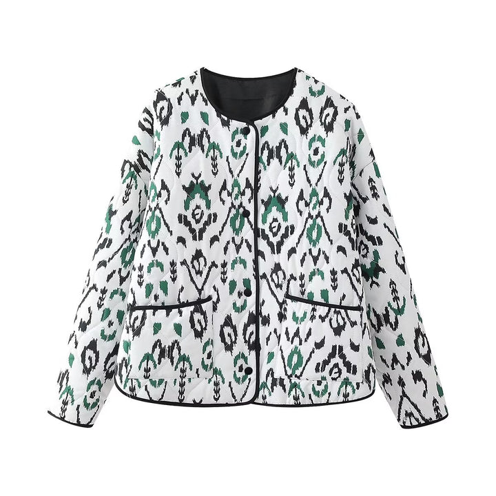 Ladies' quilted short jacket with abstract textured print, lightweight thermal padding, and contrasting piping Mune Fashion